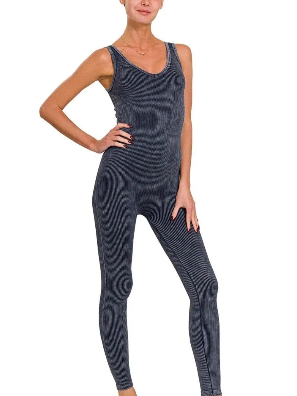 Zenana Sleeveless Ribbed Jumpsuit in Ash Black S/M